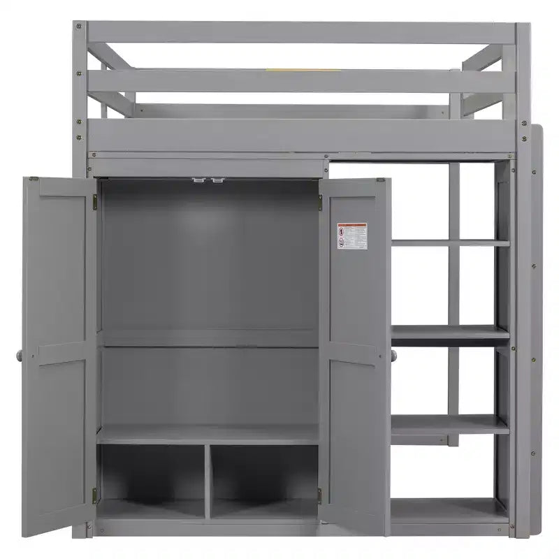 Full Size Wood Loft Bed with Built-in Wardrobe, Storage Shelves & LED Light, White/Gray - ModernLuxe
