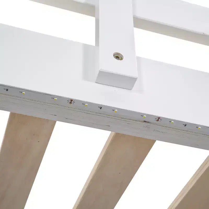 Full Size Wood Loft Bed with Built-in Wardrobe, Storage Shelves & LED Light, White/Gray - ModernLuxe
