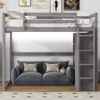 Full Size Wood Loft Bed with Built-in Wardrobe, Storage Shelves & LED Light, White/Gray - ModernLuxe
