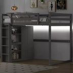 Full Size Wood Loft Bed with Built-in Wardrobe, Storage Shelves & LED Light, White/Gray - ModernLuxe