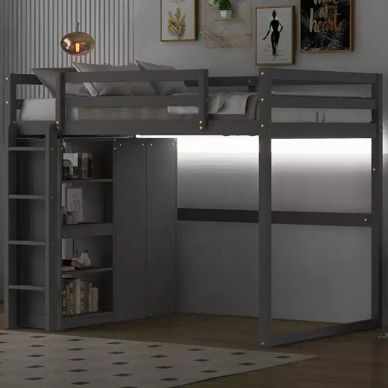 Full Size Wood Loft Bed with Built-in Wardrobe, Storage Shelves & LED Light, White/Gray - ModernLuxe