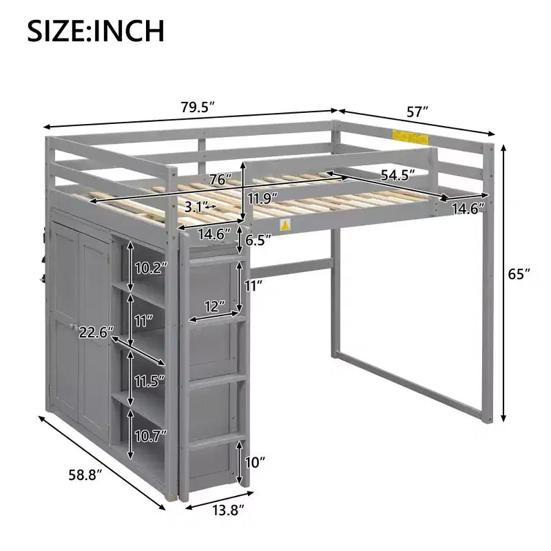 Full Size Wood Loft Bed with Built-in Wardrobe, Storage Shelves & LED Light, White/Gray - ModernLuxe
