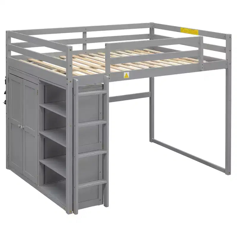 Full Size Wood Loft Bed with Built-in Wardrobe, Storage Shelves & LED Light, White/Gray - ModernLuxe