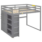 Full Size Wood Loft Bed with Built-in Wardrobe, Storage Shelves & LED Light, White/Gray - ModernLuxe