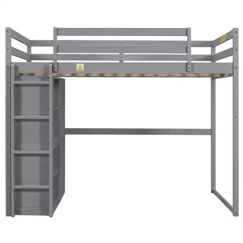 Full Size Wood Loft Bed with Built-in Wardrobe, Storage Shelves & LED Light, White/Gray - ModernLuxe
