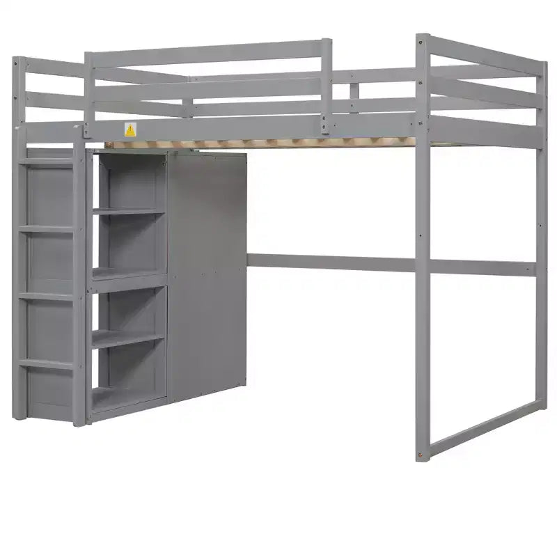 Full Size Wood Loft Bed with Built-in Wardrobe, Storage Shelves & LED Light, White/Gray - ModernLuxe