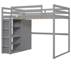 Full Size Wood Loft Bed with Built-in Wardrobe, Storage Shelves & LED Light, White/Gray - ModernLuxe