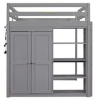 Full Size Wood Loft Bed with Built-in Wardrobe, Storage Shelves & LED Light, White/Gray - ModernLuxe