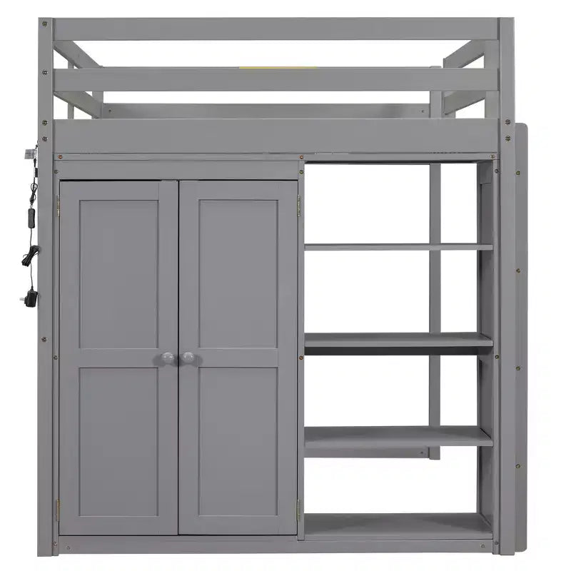 Full Size Wood Loft Bed with Built-in Wardrobe, Storage Shelves & LED Light, White/Gray - ModernLuxe