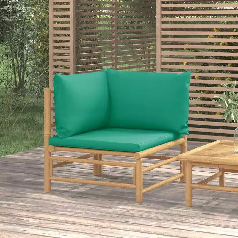 vidaXL Outdoor Patio Corner Sofa with Green Cushions  Natural Bamboo, Thick Padded Comfort, Easy Assembly, Modular Design  27.2 x 27.2 x 25.6 inch