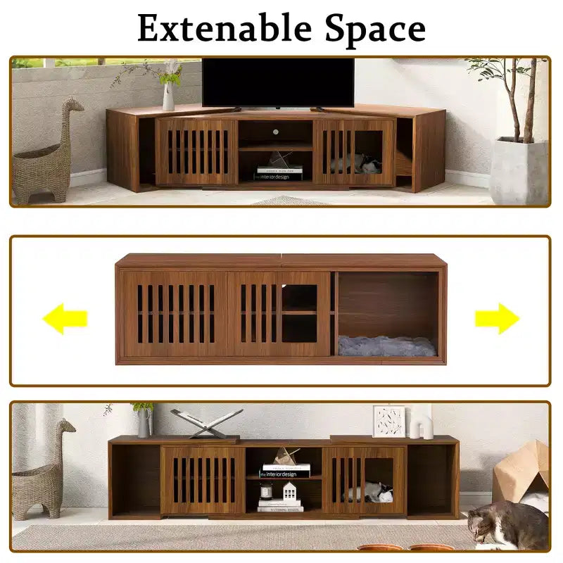 Cat TV Stand Extendable TV Stand Litter Box TV Console, Cat friendly Furniture, Mid-Century Morden, Walnut-ModernLuxe