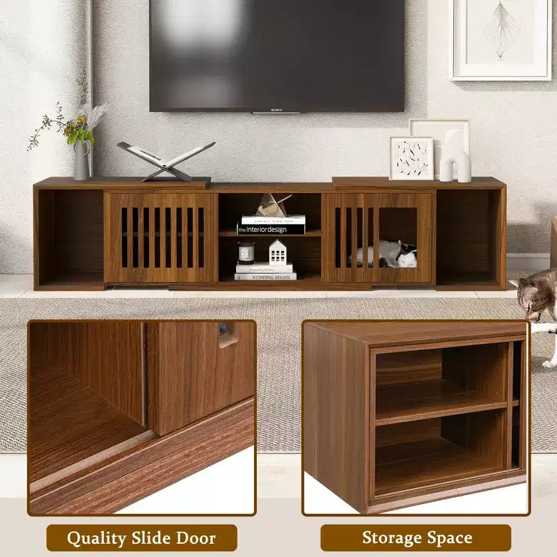 Cat TV Stand Extendable TV Stand Litter Box TV Console, Cat friendly Furniture, Mid-Century Morden, Walnut-ModernLuxe