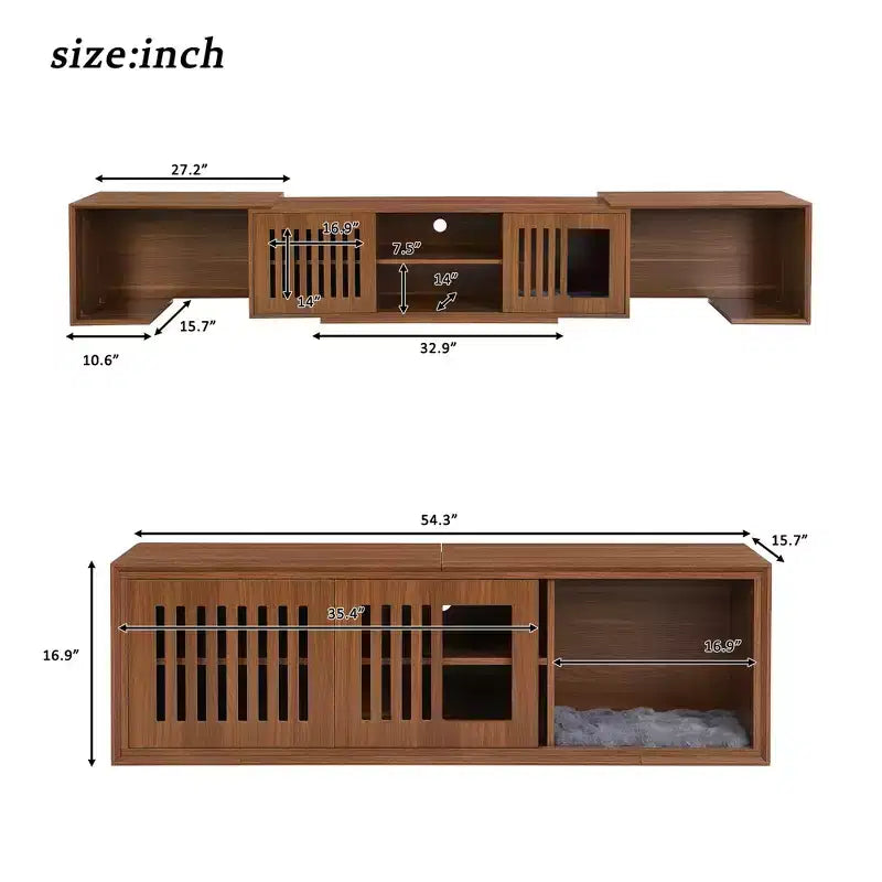 Cat TV Stand Extendable TV Stand Litter Box TV Console, Cat friendly Furniture, Mid-Century Morden, Walnut-ModernLuxe