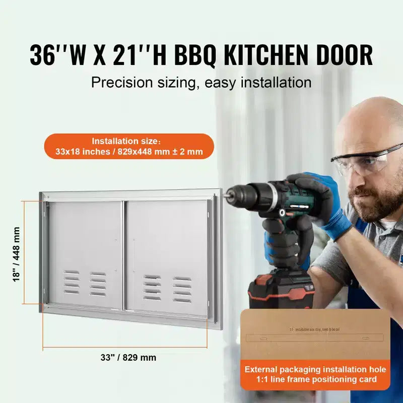 VEVOR BBQ Access Door, 36W x 21H Inch Double Outdoor Kitchen Door, Stainless Steel Flush Mount Door, Wall Vertical Door with Handles and Vents