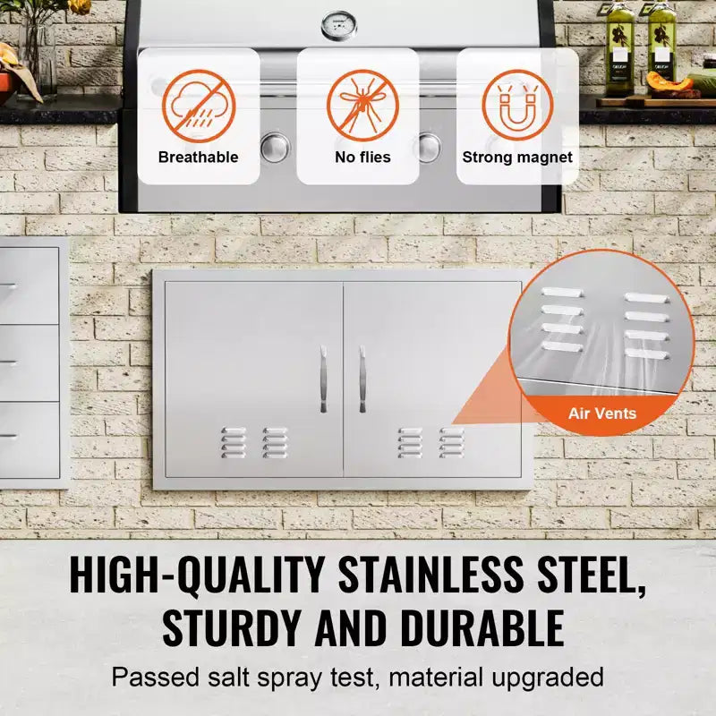VEVOR BBQ Access Door, 36W x 21H Inch Double Outdoor Kitchen Door, Stainless Steel Flush Mount Door, Wall Vertical Door with Handles and Vents