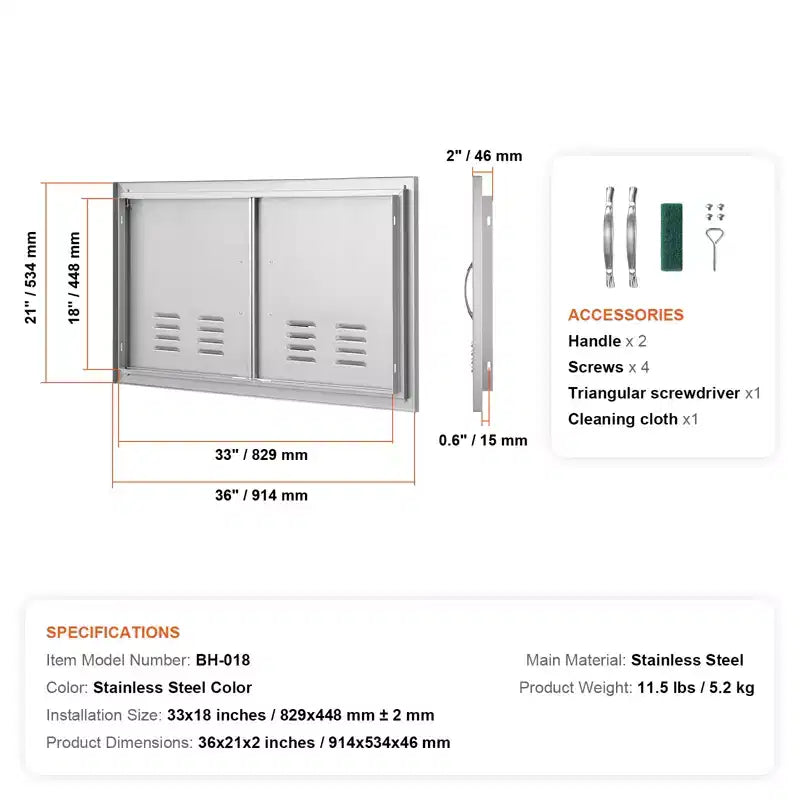 VEVOR BBQ Access Door, 36W x 21H Inch Double Outdoor Kitchen Door, Stainless Steel Flush Mount Door, Wall Vertical Door with Handles and Vents