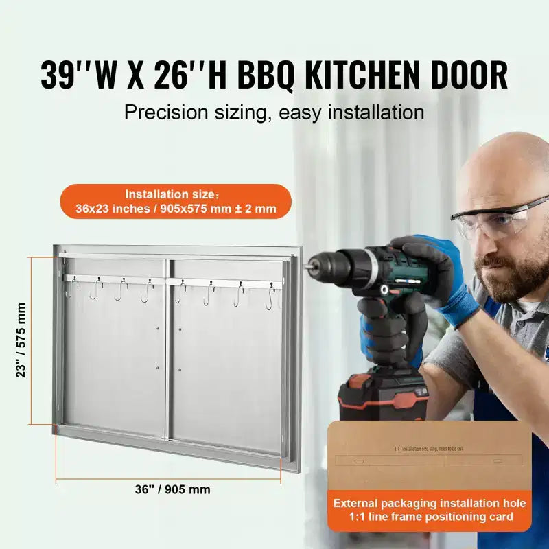 VEVOR BBQ Access Door, 39W x 26H Inch Double Outdoor Kitchen Door, Stainless Steel Flush Mount Door, Wall Vertical Door with Handles and Hooks