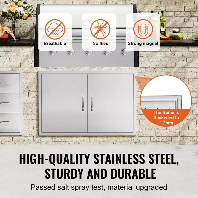 VEVOR BBQ Access Door, 39W x 26H Inch Double Outdoor Kitchen Door, Stainless Steel Flush Mount Door, Wall Vertical Door with Handles and Hooks