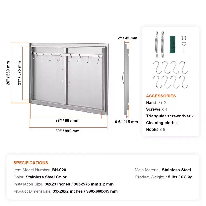 VEVOR BBQ Access Door, 39W x 26H Inch Double Outdoor Kitchen Door, Stainless Steel Flush Mount Door, Wall Vertical Door with Handles and Hooks