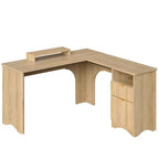 Bestier 55inch L Shaped Desk with Drawers, Office Computer Desk with Round Corners, Monitor Stand & Fluted Panels, White & Walnut