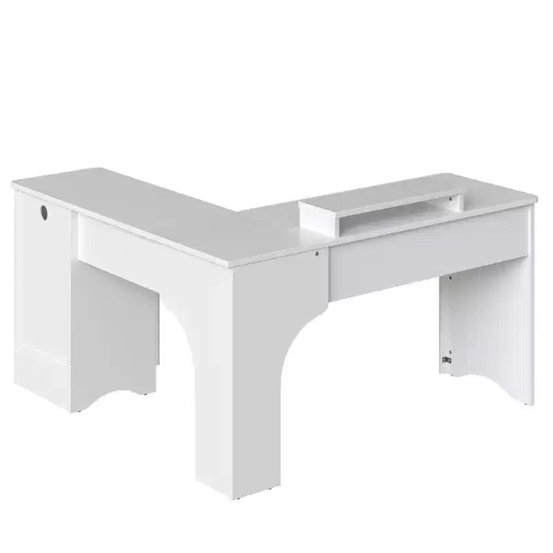 Bestier 55inch L Shaped Desk with Drawers, Office Computer Desk with Round Corners, Monitor Stand & Fluted Panels, White & Walnut