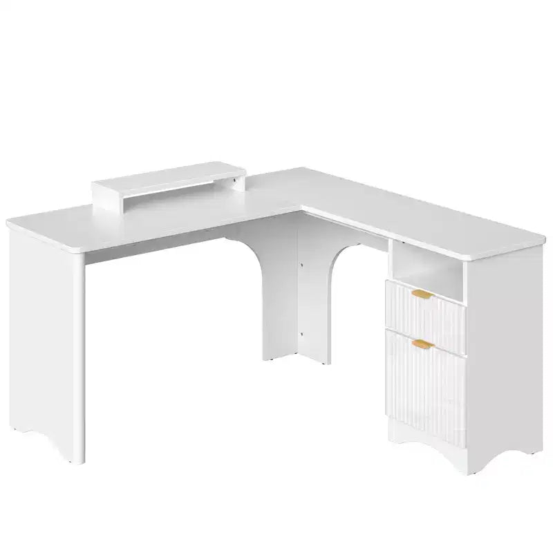 Bestier 55inch L Shaped Desk with Drawers, Office Computer Desk with Round Corners, Monitor Stand & Fluted Panels, White & Walnut