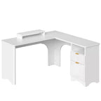 Bestier 55inch L Shaped Desk with Drawers, Office Computer Desk with Round Corners, Monitor Stand & Fluted Panels, White & Walnut