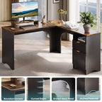 Bestier 55inch L Shaped Desk with Drawers, Office Computer Desk with Round Corners, Monitor Stand & Fluted Panels, White & Walnut