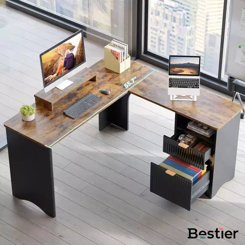 Bestier 55inch L Shaped Desk with Drawers, Office Computer Desk with Round Corners, Monitor Stand & Fluted Panels, White & Walnut