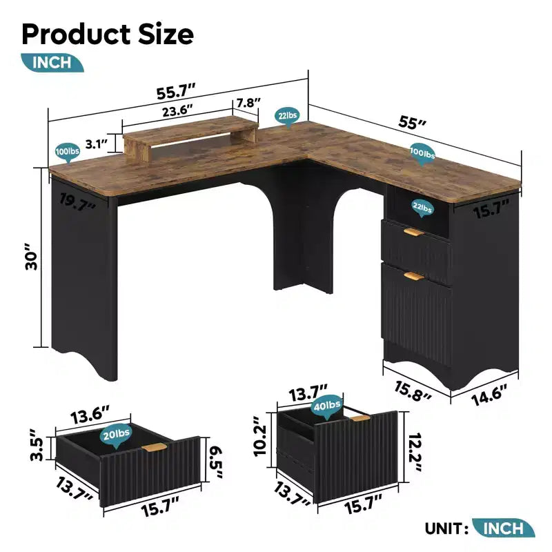 Bestier 55inch L Shaped Desk with Drawers, Office Computer Desk with Round Corners, Monitor Stand & Fluted Panels, White & Walnut