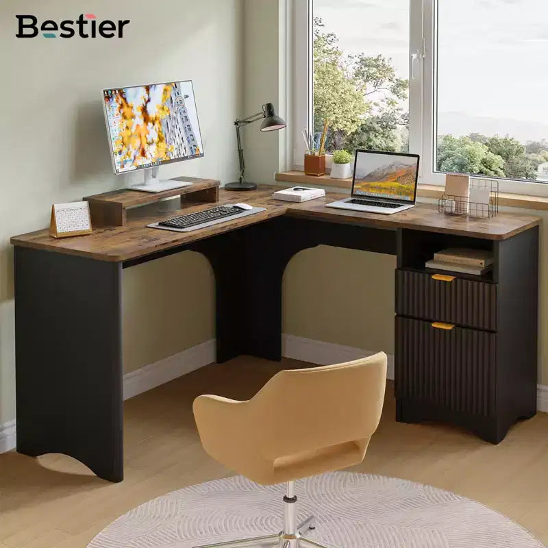 Bestier 55inch L Shaped Desk with Drawers, Office Computer Desk with Round Corners, Monitor Stand & Fluted Panels, White & Walnut