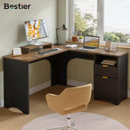 Bestier 55inch L Shaped Desk with Drawers, Office Computer Desk with Round Corners, Monitor Stand & Fluted Panels, White & Walnut