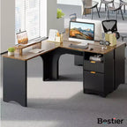 Bestier 55inch L Shaped Desk with Drawers, Office Computer Desk with Round Corners, Monitor Stand & Fluted Panels, White & Walnut