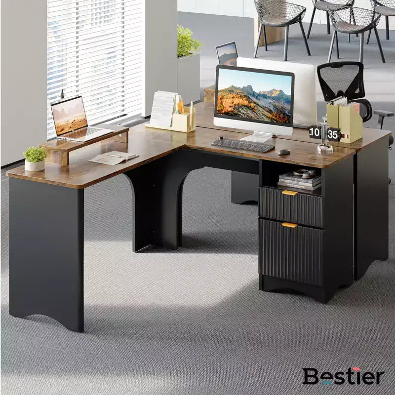 Bestier 55inch L Shaped Desk with Drawers, Office Computer Desk with Round Corners, Monitor Stand & Fluted Panels, White & Walnut