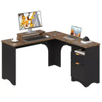 Bestier 55inch L Shaped Desk with Drawers, Office Computer Desk with Round Corners, Monitor Stand & Fluted Panels, White & Walnut