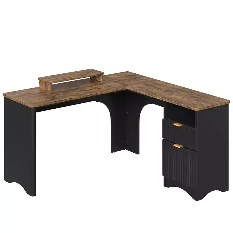 Bestier 55inch L Shaped Desk with Drawers, Office Computer Desk with Round Corners, Monitor Stand & Fluted Panels, White & Walnut