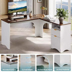 Bestier 55inch L Shaped Desk with Drawers, Office Computer Desk with Round Corners, Monitor Stand & Fluted Panels, White & Walnut