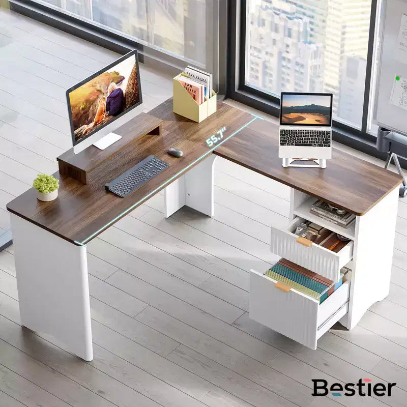 Bestier 55inch L Shaped Desk with Drawers, Office Computer Desk with Round Corners, Monitor Stand & Fluted Panels, White & Walnut
