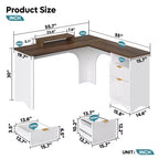 Bestier 55inch L Shaped Desk with Drawers, Office Computer Desk with Round Corners, Monitor Stand & Fluted Panels, White & Walnut