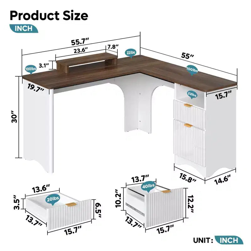 Bestier 55inch L Shaped Desk with Drawers, Office Computer Desk with Round Corners, Monitor Stand & Fluted Panels, White & Walnut