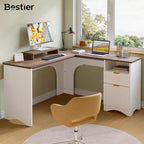 Bestier 55inch L Shaped Desk with Drawers, Office Computer Desk with Round Corners, Monitor Stand & Fluted Panels, White & Walnut
