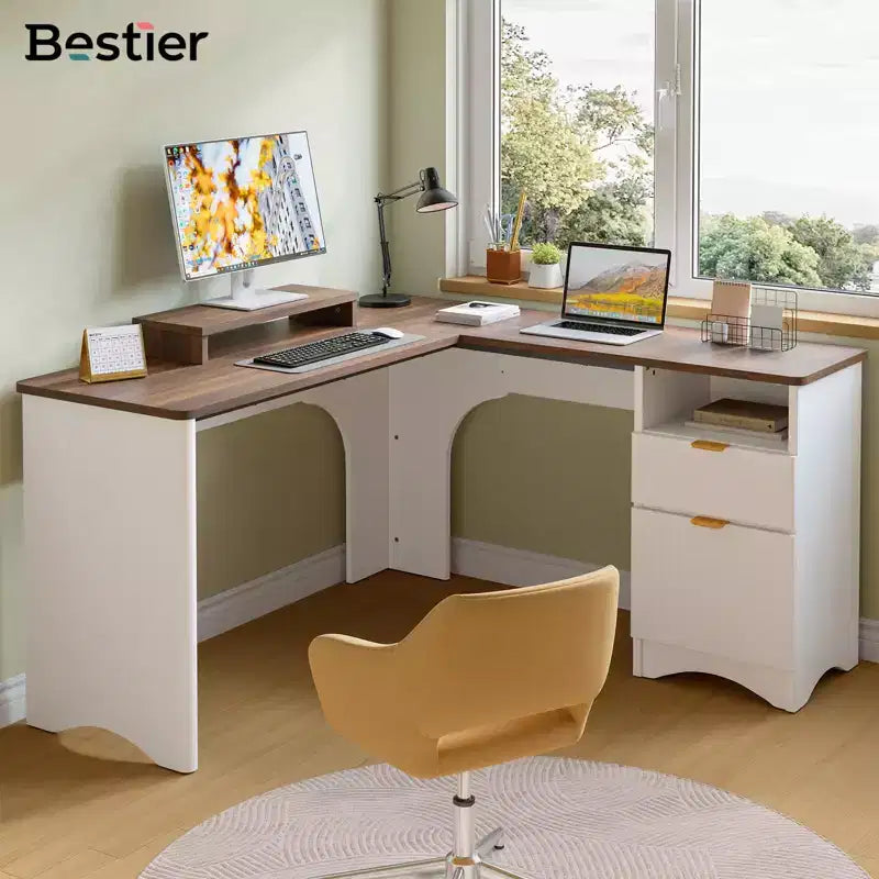 Bestier 55inch L Shaped Desk with Drawers, Office Computer Desk with Round Corners, Monitor Stand & Fluted Panels, White & Walnut