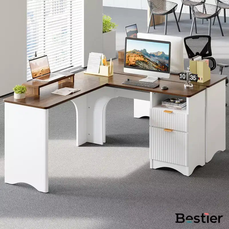 Bestier 55inch L Shaped Desk with Drawers, Office Computer Desk with Round Corners, Monitor Stand & Fluted Panels, White & Walnut