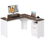 Bestier 55inch L Shaped Desk with Drawers, Office Computer Desk with Round Corners, Monitor Stand & Fluted Panels, White & Walnut