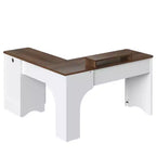 Bestier 55inch L Shaped Desk with Drawers, Office Computer Desk with Round Corners, Monitor Stand & Fluted Panels, White & Walnut