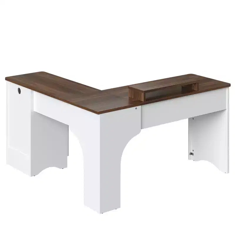 Bestier 55inch L Shaped Desk with Drawers, Office Computer Desk with Round Corners, Monitor Stand & Fluted Panels, White & Walnut