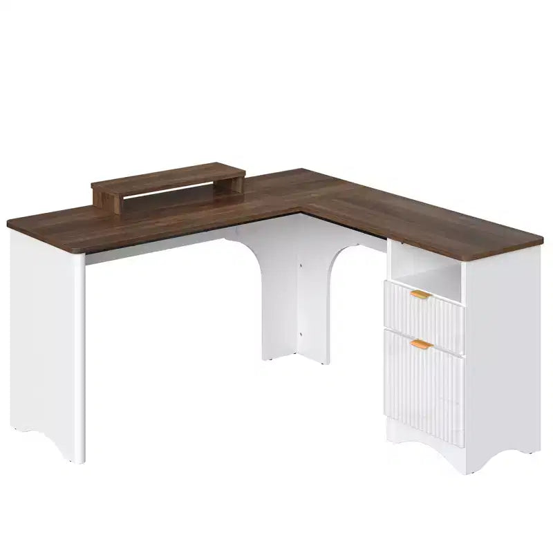 Bestier 55inch L Shaped Desk with Drawers, Office Computer Desk with Round Corners, Monitor Stand & Fluted Panels, White & Walnut