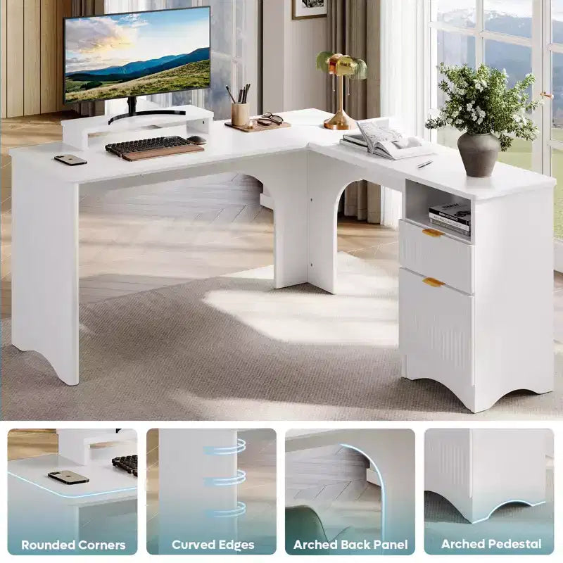 Bestier 55inch L Shaped Desk with Drawers, Office Computer Desk with Round Corners, Monitor Stand & Fluted Panels, White & Walnut