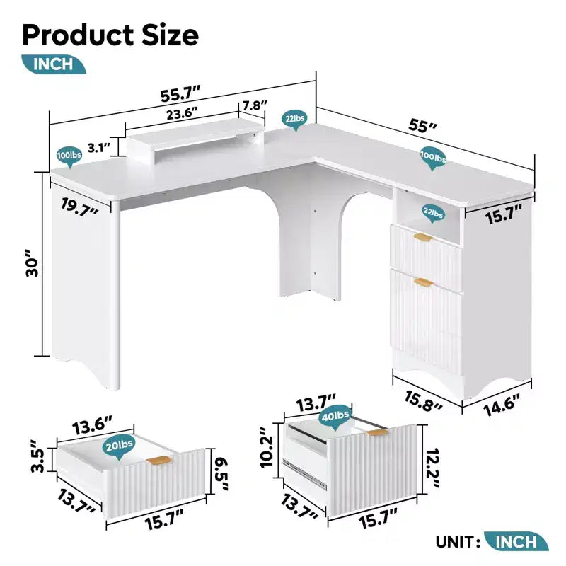 Bestier 55inch L Shaped Desk with Drawers, Office Computer Desk with Round Corners, Monitor Stand & Fluted Panels, White & Walnut