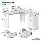 Bestier 55inch L Shaped Desk with Drawers, Office Computer Desk with Round Corners, Monitor Stand & Fluted Panels, White & Walnut